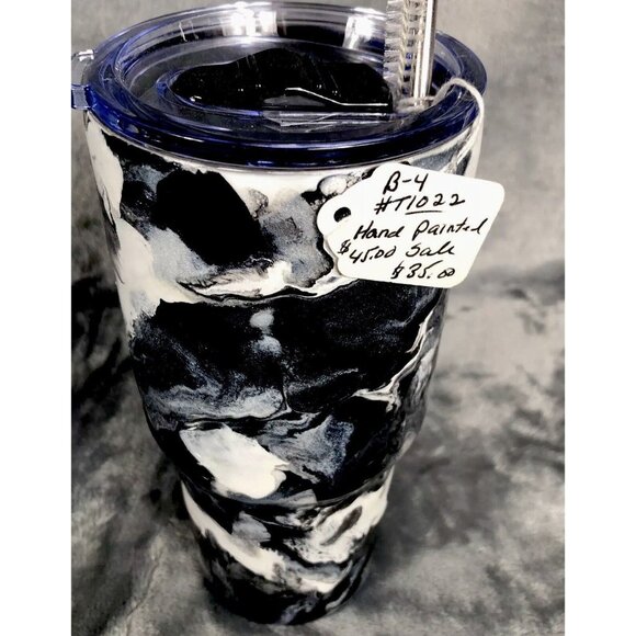 Alcohol Ink Tumbler 30oz Black/White Insulated Stainless Steel With Lid Cup - Picture 4 of 6